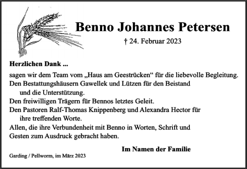  Traueranzeige für Benno Johannes Petersen vom 17.03.2023 aus Husumer Nachrichten