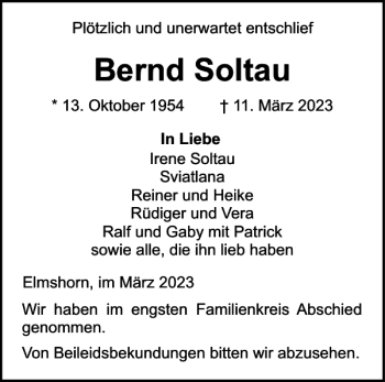 Traueranzeige von Bernd Soltau von Elmshorner Nachrichten