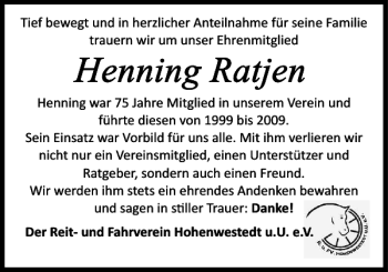 Traueranzeige von Der Reit und Fahrverein Hohenwestedt u. U. e. V  von Landeszeitung