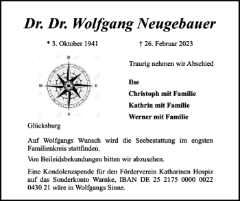 Traueranzeige von Dr. Dr. Wolfgang Neugebauer von Flensburger Tageblatt
