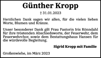 Traueranzeige von Günther Kropp von Flensburger Tageblatt