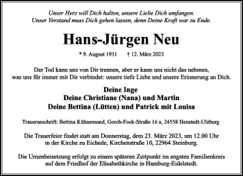 Traueranzeige von Hans-Jürgen Neu von Stormarner Tageblatt