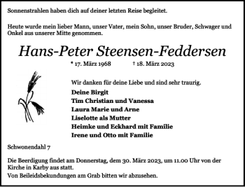 Traueranzeige von Hans-Peter Steensen-Feddersen von Schleswiger Nachrichten