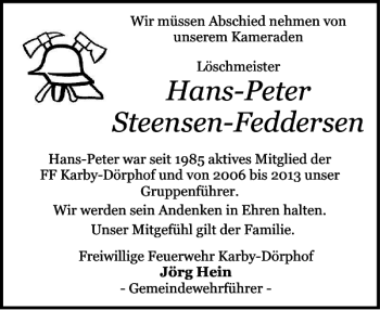 Traueranzeige von Hans-Peter Steensen-Feddersen von Eckernförder Zeitung