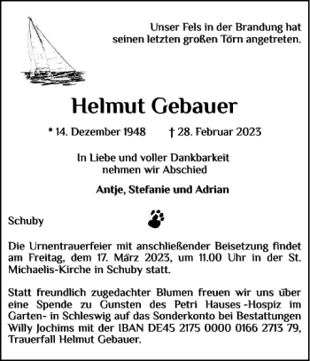 Traueranzeige von Helmut Gebauer von Schleswiger Nachrichten