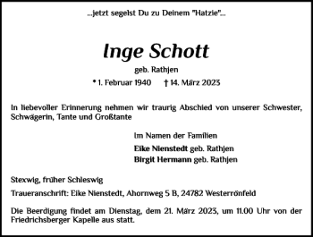 Traueranzeige von Inge Schott von Schleswiger Nachrichten