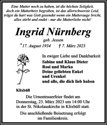 Traueranzeige von Ingrid Nürnberg von Nordfriesland Tageblatt