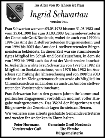 Traueranzeige von Ingrid Schwartau von Uetersener Nachrichten
