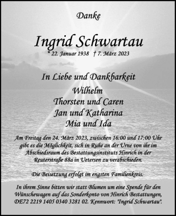 Traueranzeige von Ingrid Schwartau von Uetersener Nachrichten