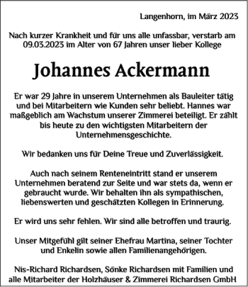 Traueranzeige von Johannes Ackermann von Husumer Nachrichten