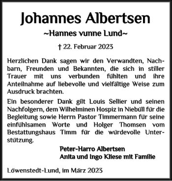 Traueranzeige von Johannes Albertsen von Flensburger Tageblatt