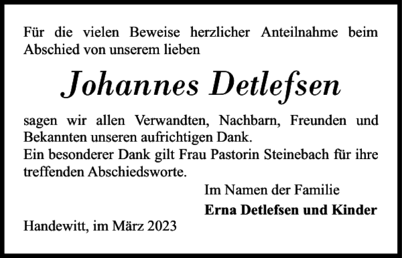  Traueranzeige für Johannes Detlefsen vom 11.03.2023 aus Flensburger Tageblatt