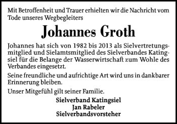 Traueranzeige von Johannes Groth von Husumer Nachrichten