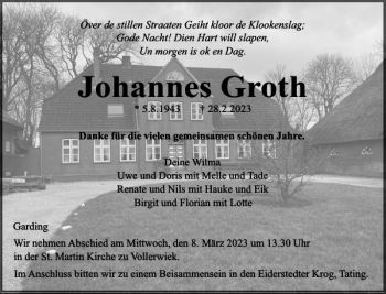 Traueranzeige von Johannes Groth von Husumer Nachrichten