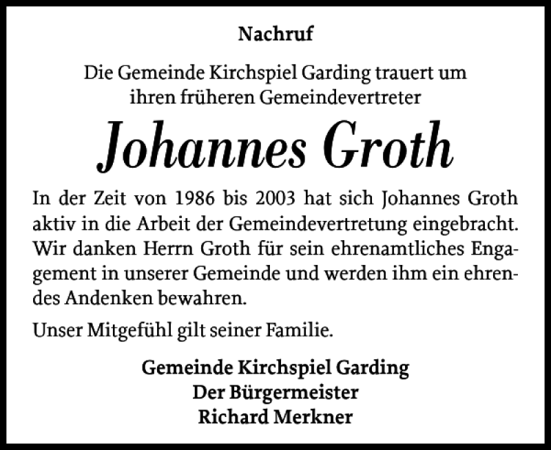  Traueranzeige für Johannes Groth vom 06.03.2023 aus Husumer Nachrichten