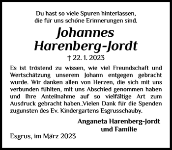 Traueranzeige von Johannes Harenberg-Jordt von Flensburger Tageblatt
