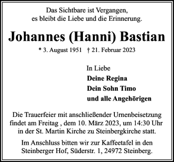 Traueranzeige von Johannes Hanni Bastian von Flensburger Tageblatt