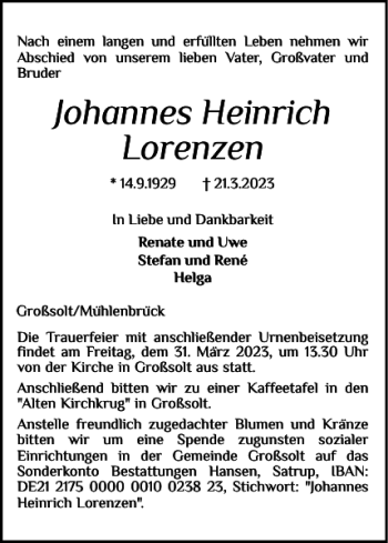 Traueranzeige von Johannes Heinrich Lorenzen von Flensburger Tageblatt