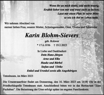 Traueranzeige von Karin Blohm-Sievers von Landeszeitung