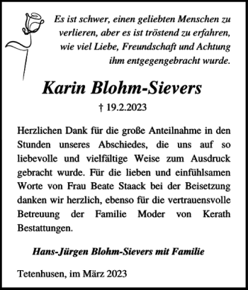 Traueranzeige von Karin Blohm-Sievers von Landeszeitung