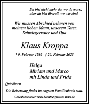 Traueranzeige von Klaus Kroppa von Pinneberger Tageblatt