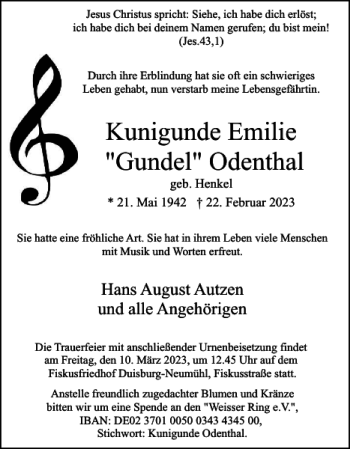 Traueranzeige von Kunigunde Emilie Gundel Odenthal von Husumer Nachrichten