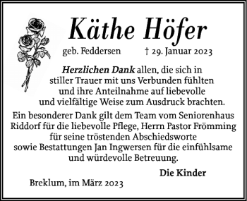 Traueranzeige von Käthe Höfer von Husumer Nachrichten