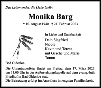 Traueranzeige von Monika Barg von Stormarner Tageblatt