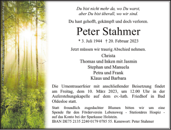 Traueranzeige von Peter Stahmer von Stormarner Tageblatt