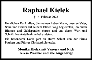 Traueranzeige von Raphael Kielek von Stormarner Tageblatt