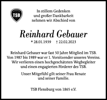 Traueranzeige von Reinhard Gebauer von Flensburger Tageblatt
