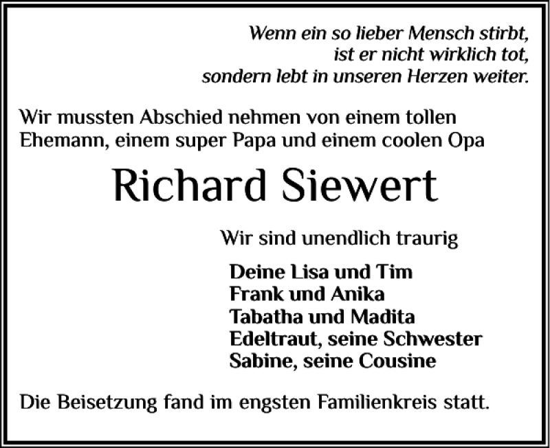  Traueranzeige für Richard Siewert vom 04.03.2023 aus Norddeutsche Rundschau