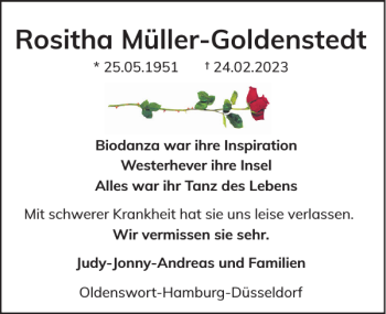 Traueranzeige von Rositha Müller-Goldenstedt von Husumer Nachrichten