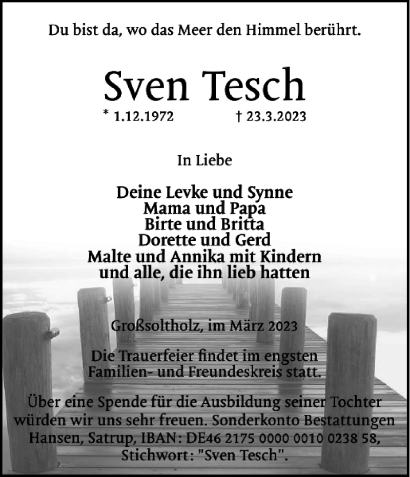 Traueranzeige für Sven Tesch vom 31.03.2023 aus Flensburger Tageblatt