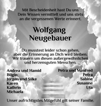 Traueranzeige von Wolfgang Neugebauer von Flensburger Tageblatt