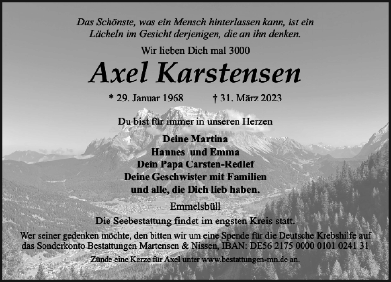  Traueranzeige für Axel Karstensen vom 05.04.2023 aus Nordfriesland Tageblatt