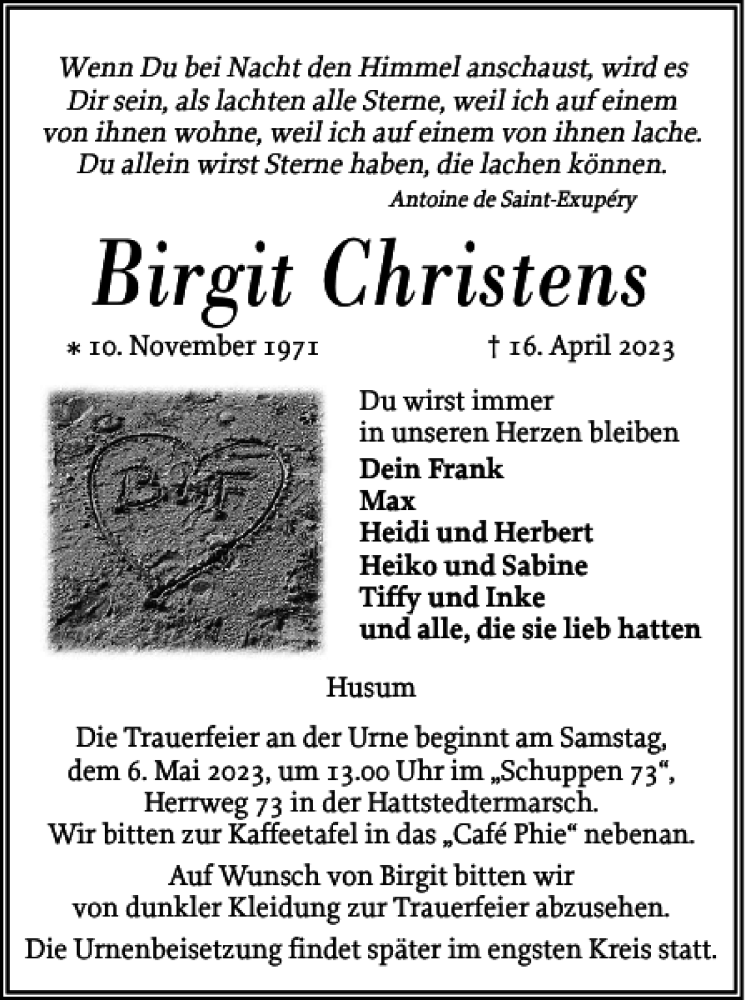  Traueranzeige für Birgit Christens vom 22.04.2023 aus Husumer Nachrichten