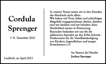 Traueranzeige von Cordula Sprenger von Eckernförder Zeitung