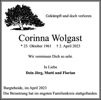 Traueranzeige von Corinna Wolgast von Stormarner Tageblatt