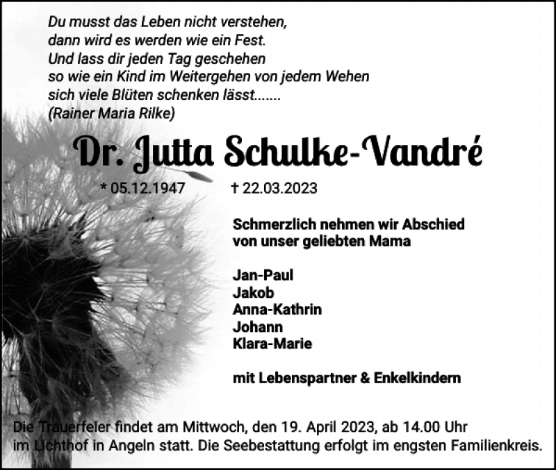  Traueranzeige für Dr. Jutta Schulke-Vandré vom 01.04.2023 aus Flensburger Tageblatt