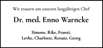 Traueranzeige von Dr. med. Enno Warncke von Flensburger Tageblatt