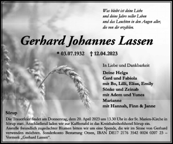 Traueranzeige von Gerhard Johannes von Flensburger Tageblatt