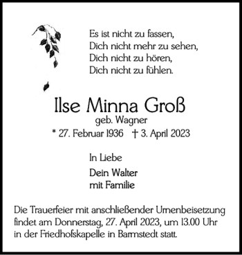 Traueranzeige von Ilse Minna Groß von Elmshorner Nachrichten