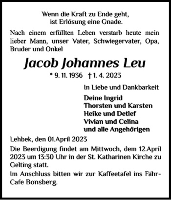 Traueranzeige von Jacob Johannes Leu von Flensburger Tageblatt