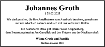 Traueranzeige von Johannes Groth von Husumer Nachrichten
