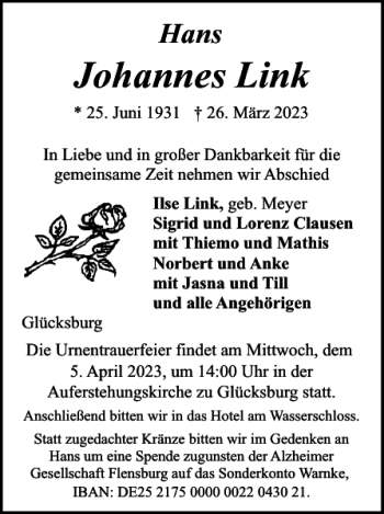 Traueranzeige von Johannes Link von Flensburger Tageblatt