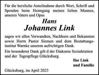 Traueranzeige von Johannes Link von Flensburger Tageblatt