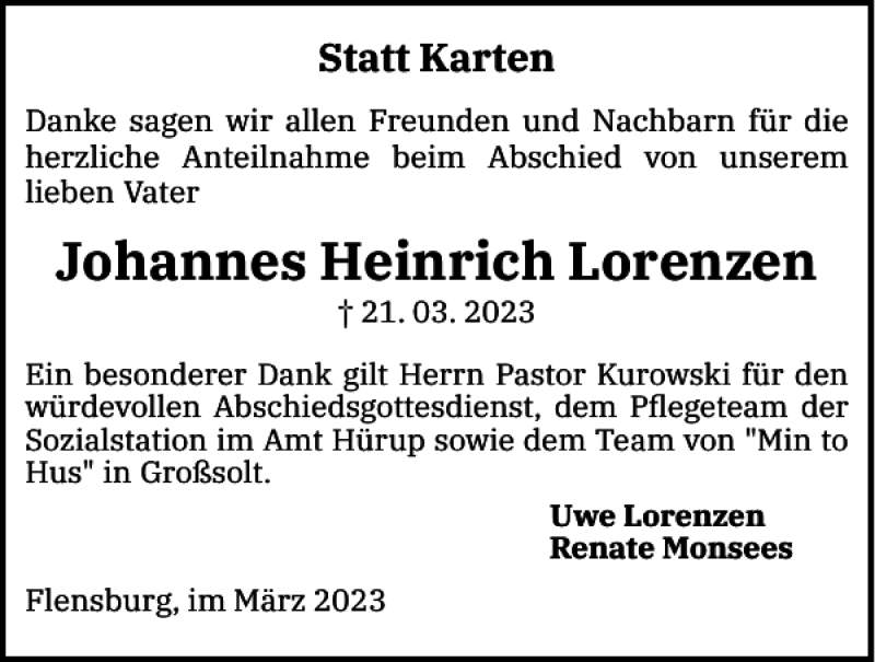  Traueranzeige für Johannes Heinrich Lorenzen vom 08.04.2023 aus Flensburger Tageblatt