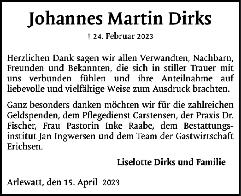 Traueranzeige für Johannes Martin Dirks vom 15.04.2023 aus Husumer Nachrichten