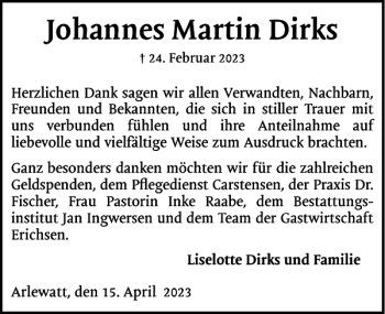 Traueranzeige von Johannes Martin Dirks von Husumer Nachrichten